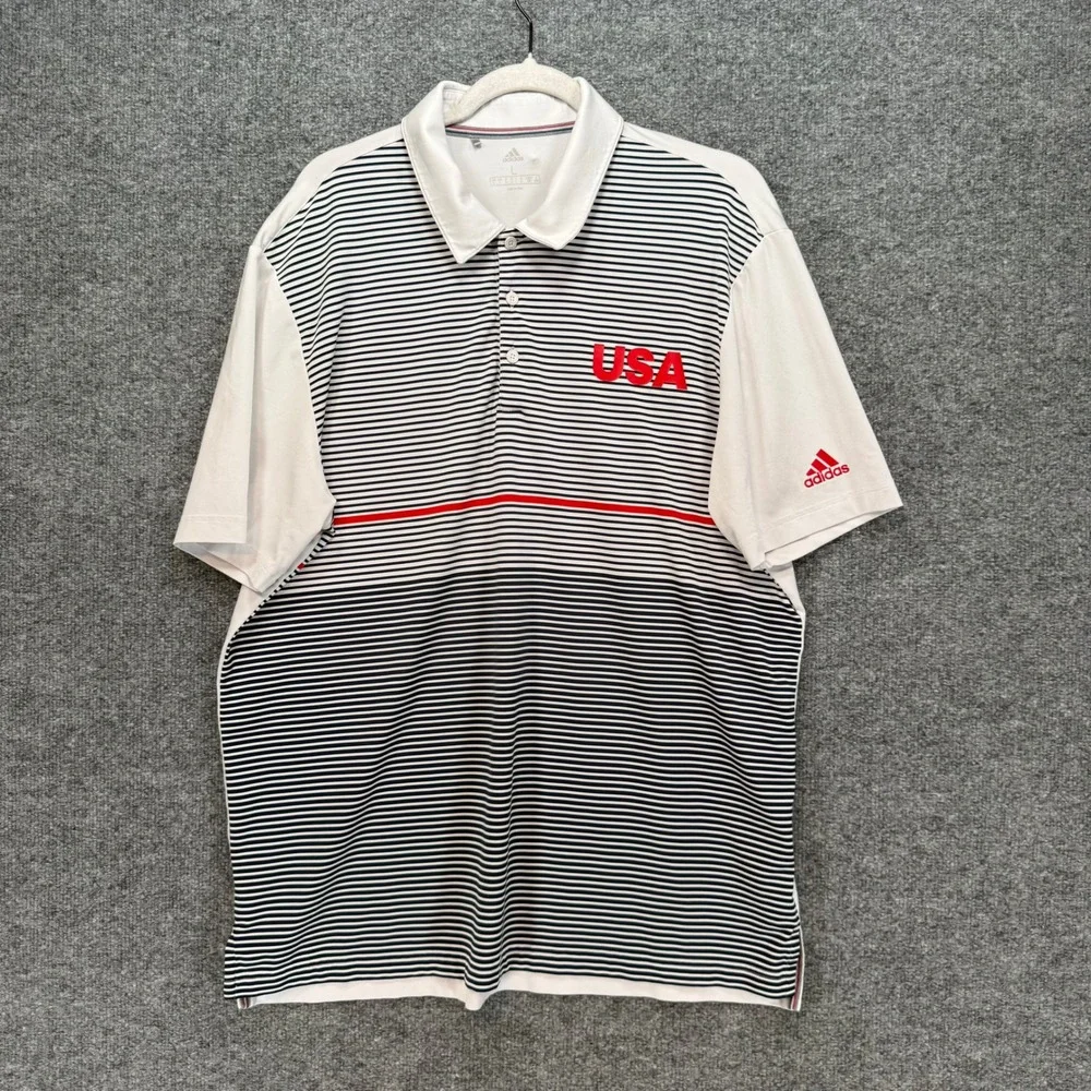 Adidas Polo Shirt Mens Large White Striped USA Logo Performance Golf Activewear